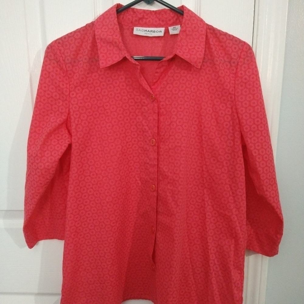 𝅺sag Harbor pink sheer circles design blouse. Size MP